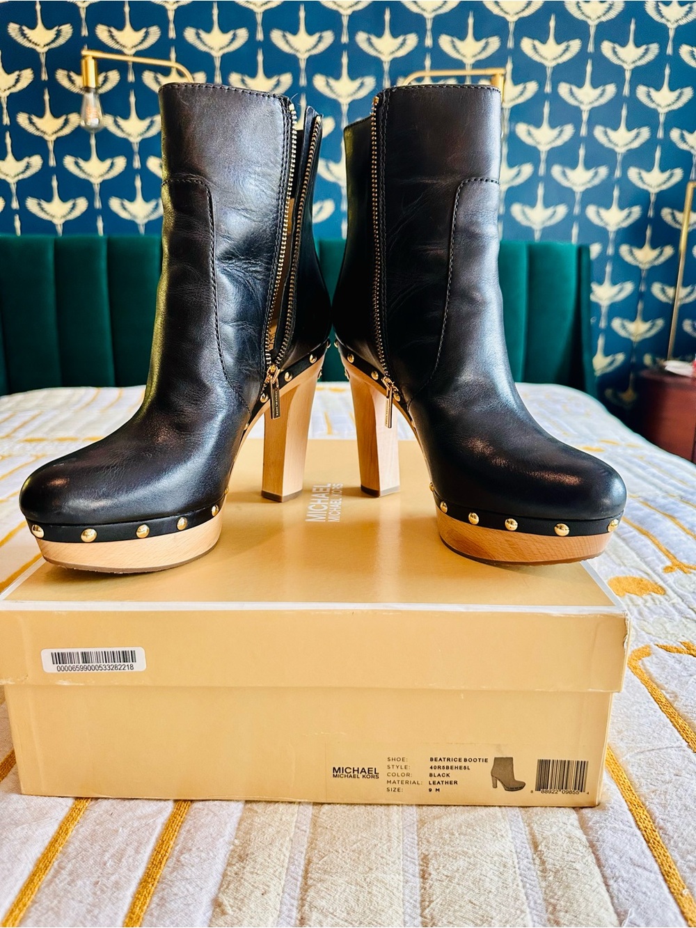 Michael Kors Beatrice Black Studded Wood Platform Booties size 9